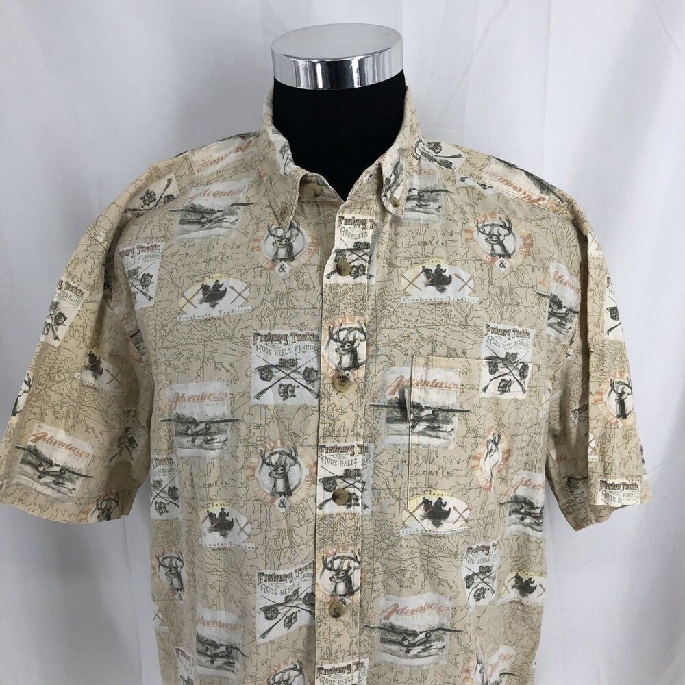 Woolrich Short Sleeve Adventure Shirt Fish Deer Canoe Airplane Rods Reel Large